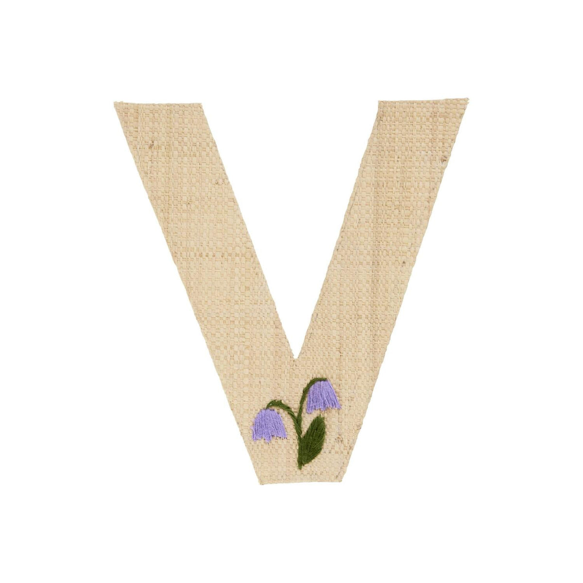 Buchstaben-Sticker aus Bast: V in Naturton mit zwei lila Blüten