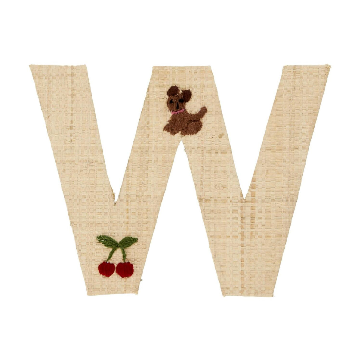Buchstaben-Sticker aus Bast: W in Naturton mit Bärchenmotiv und Kirschen