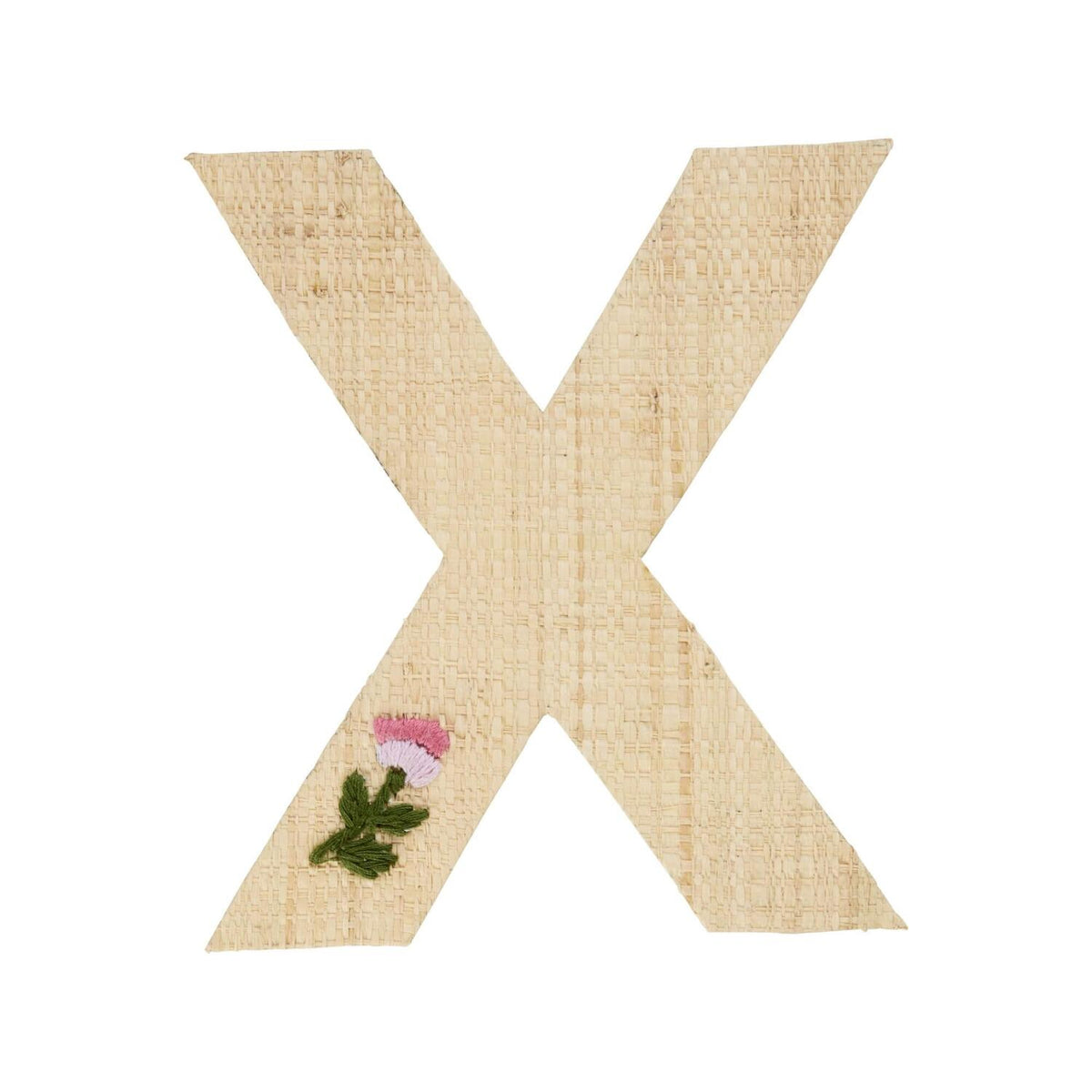 Buchstaben-Sticker aus Bast: X in Naturton mit rosa Blüten und grünem Blattmotiv