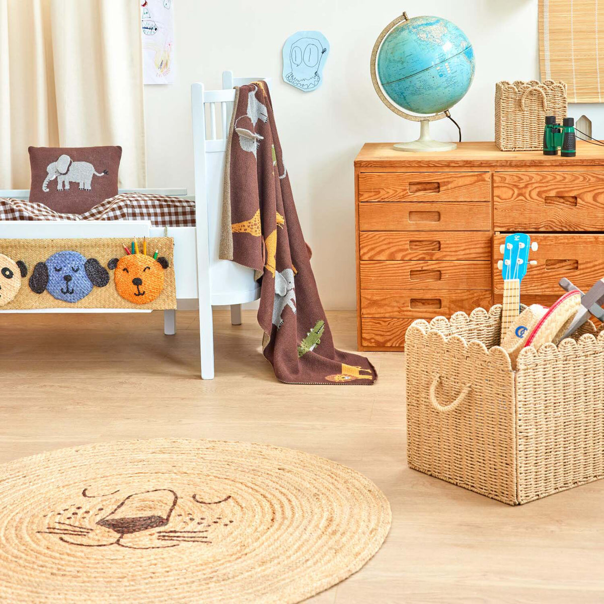 Wandaufhänger "Raffia - Animal Face Pockets - Side By Side" - 20x60 cm (Natur)