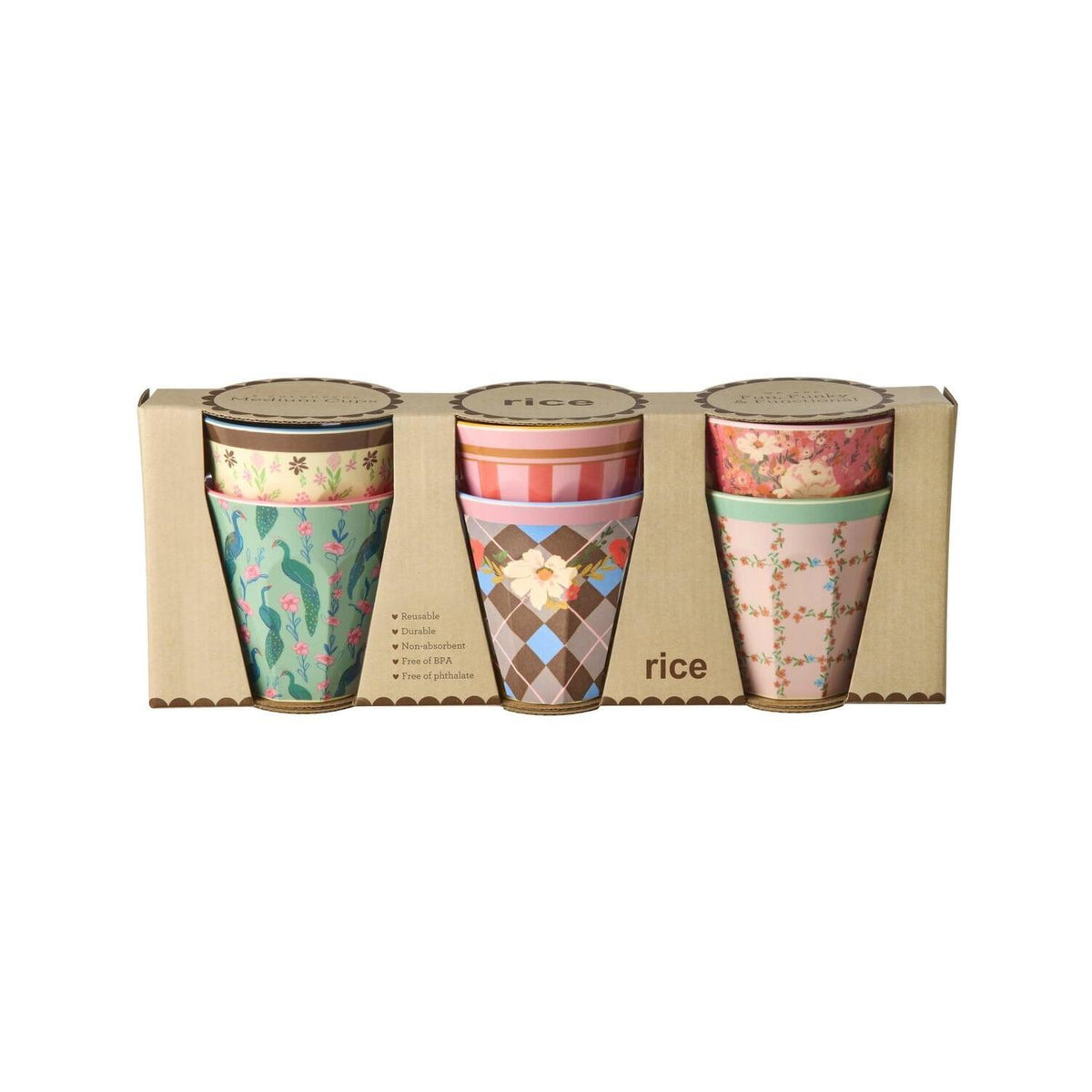 Melaminbecher-Set mit bunten Designs, sechs Becher mit farbigem Innenrand