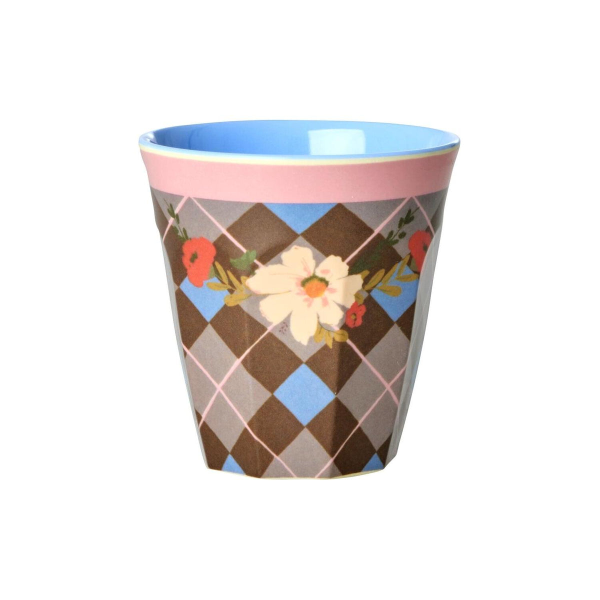 Blauer Melaminbecher mit Rauten-Muster und Blumenapplikation, innen hellblau