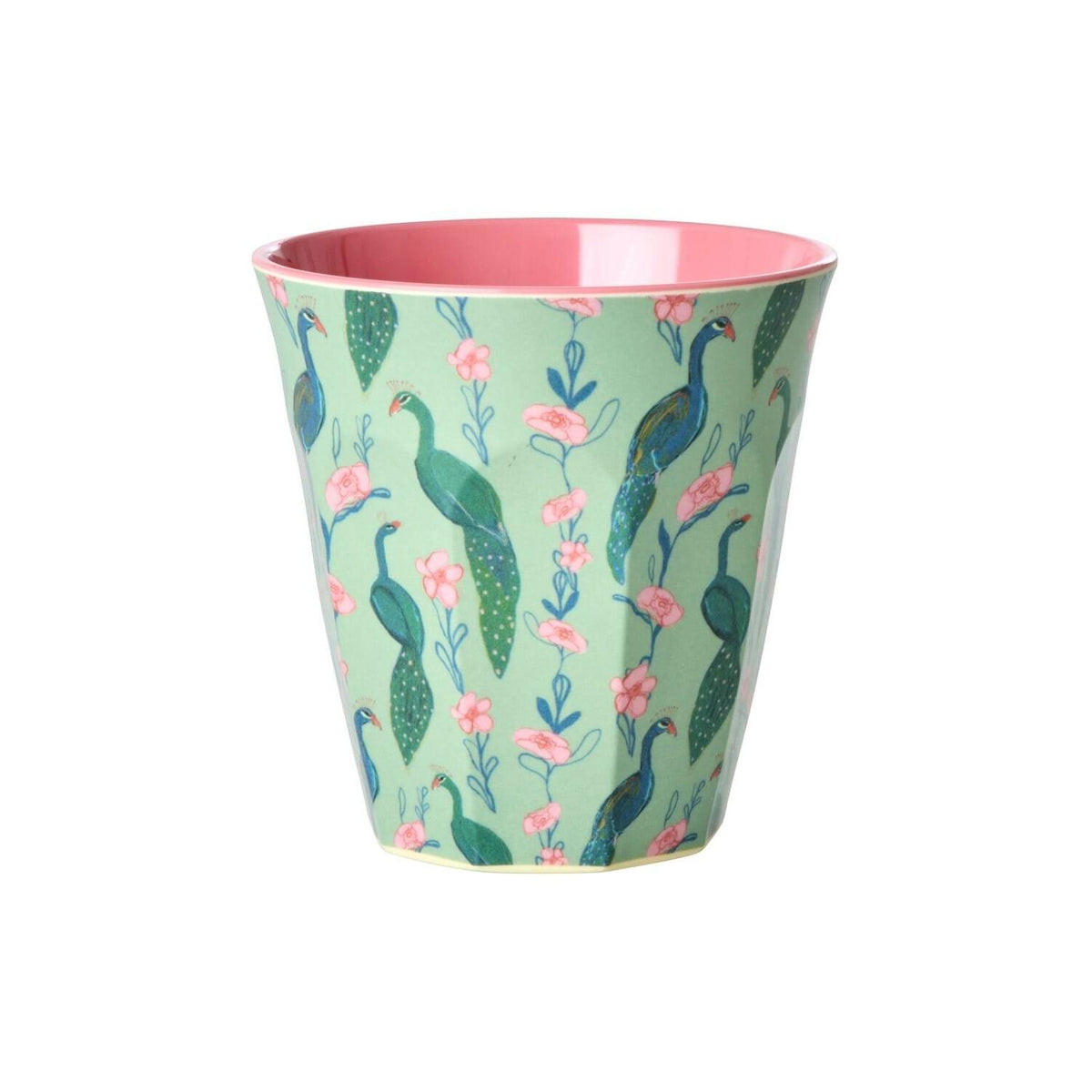 Türkisfarbener Melaminbecher mit Vogel- und Blumenmotiv sowie rosafarbenem Innenrand