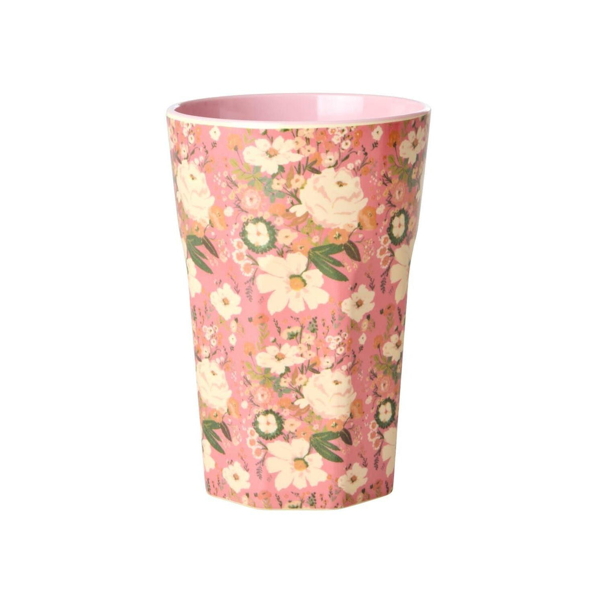 Melaminbecher mit buntem Blumenmuster auf rosa Hintergrund, zylindrisch