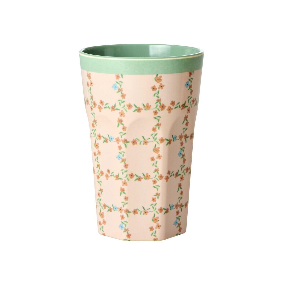 Melaminbecher mit rosa Grundfarbe, grünem Rand und floralen Mustern