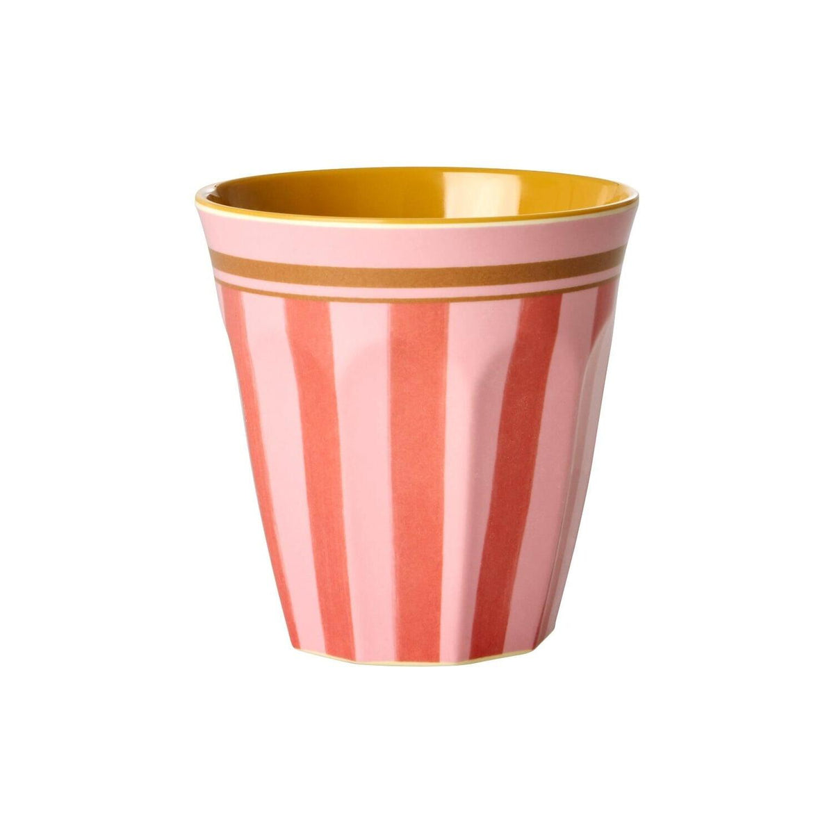 Melamin-Becher mit gestreiftem Muster in Rosa und Braun, innen goldfarben