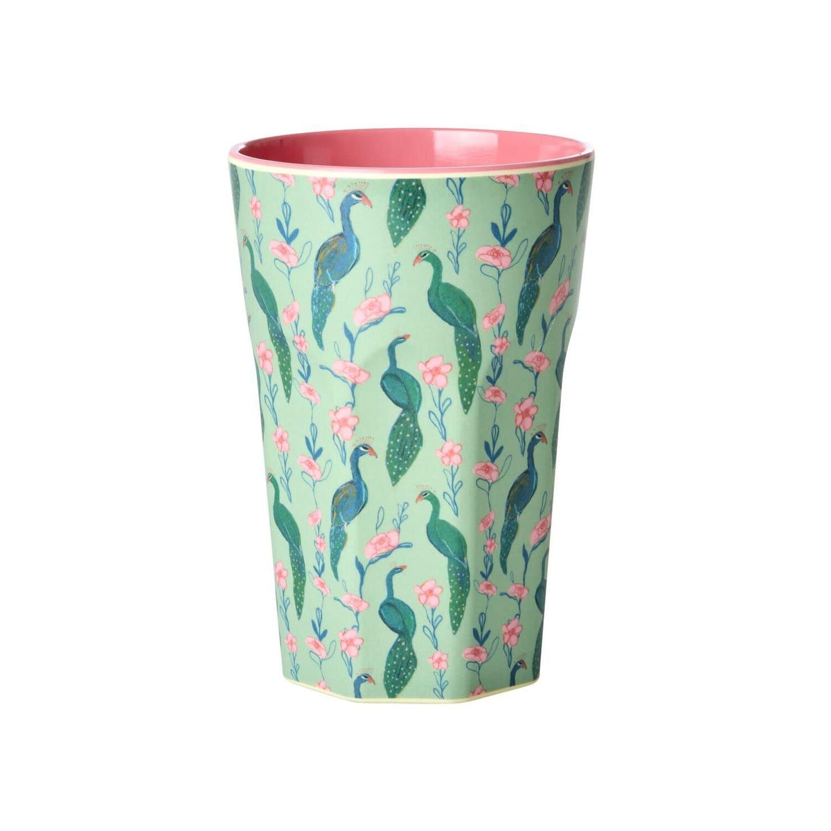 Melaminbecher mit türkis-bunten Pfau- und Blumenmuster, rosafarbener Rand