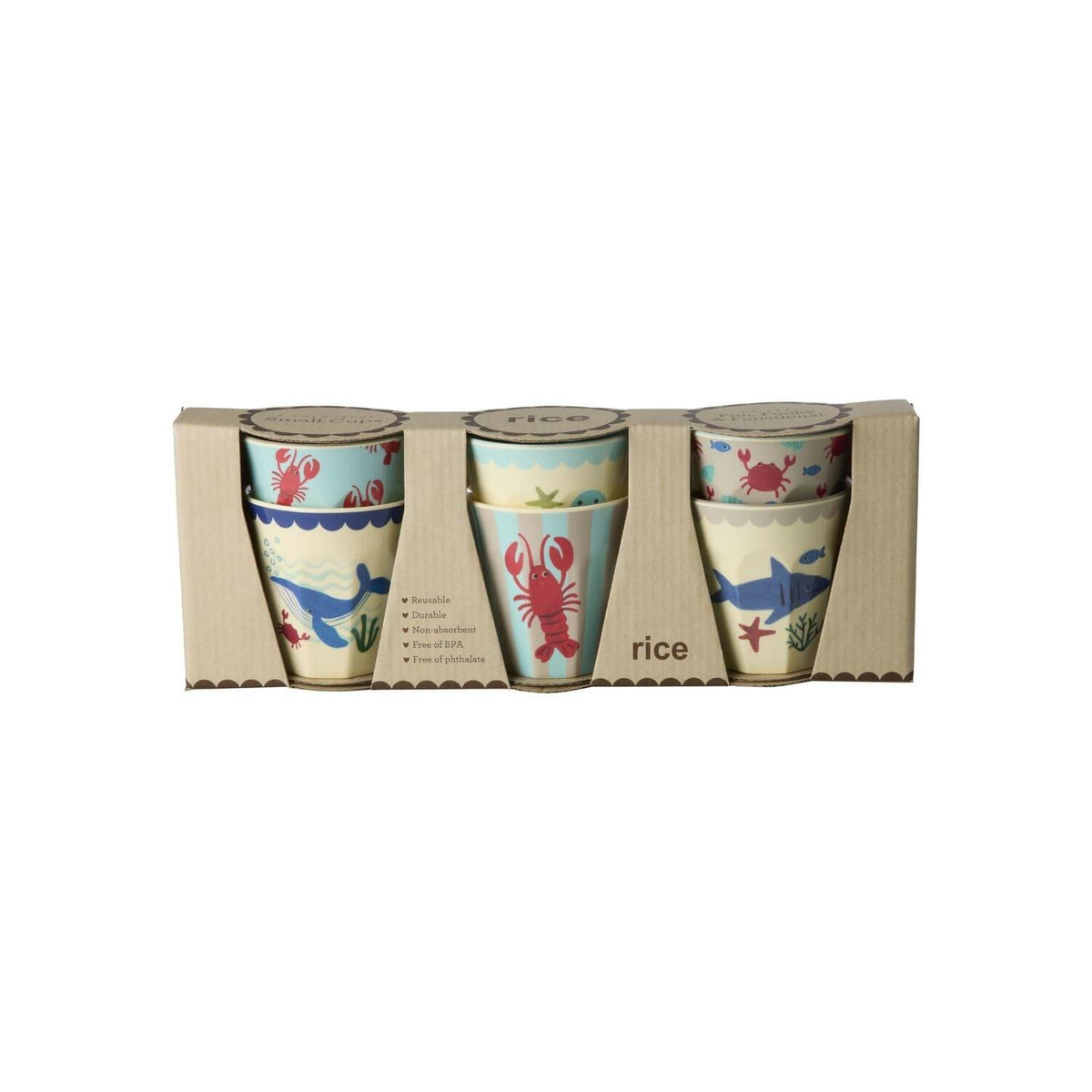 Melaminbecher-6er-Set mit Meerestier-Motiven, in Kartonbox verpackt