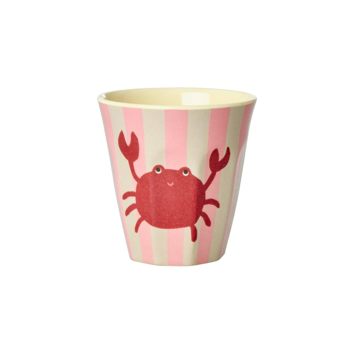 Melaminbecher mit Krabbenmotiv und roten Streifen auf rosa Grund, innen beige