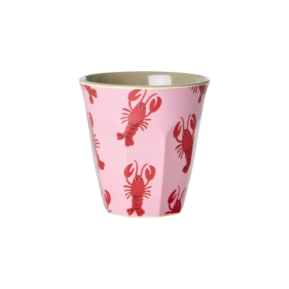 Melaminbecher mit Hummer- und Krustentiermotiven auf rosa Grund, innen beige