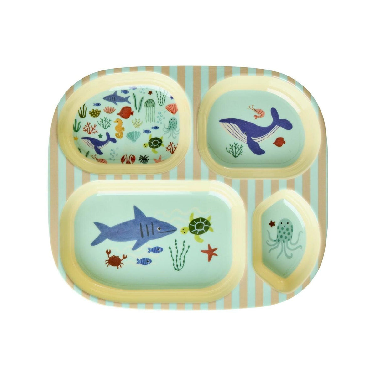 Melamin-Kinderteller mit 4 Fächern, Ocean-Motive mit Wal, Hai, Schildkröte und Quallen.