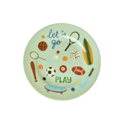 Melaminteller „Sports“ Vorderansicht mit Basketball-, Fußball- und Schläger-Illustrationen.