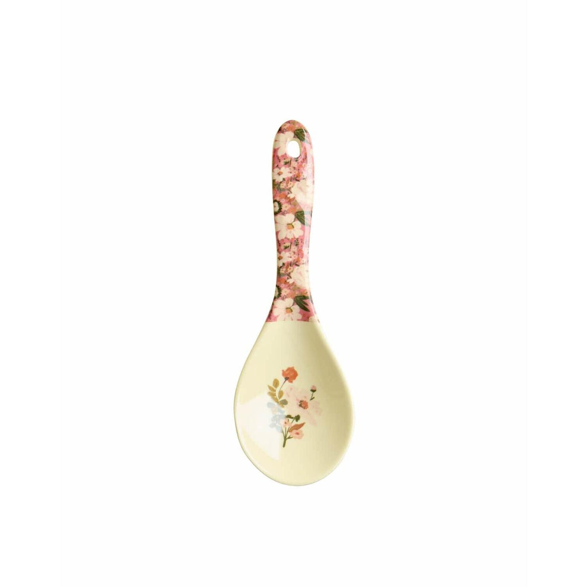 Salatlöffel aus Melamin, cremefarben mit Blumenmotiv, bunter Stiel
