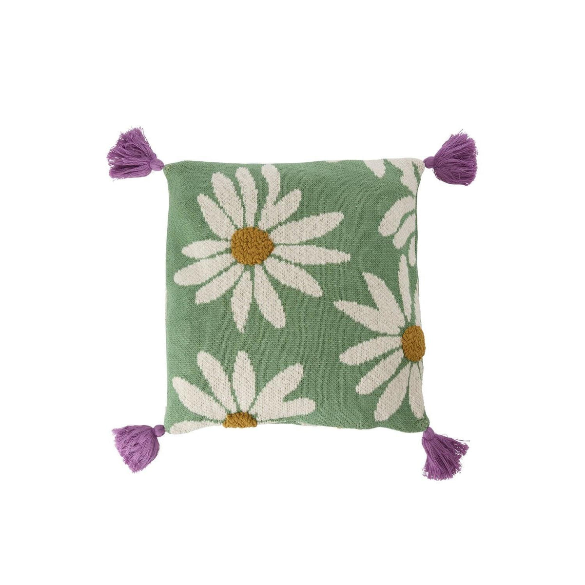 Grünes Zierkissen mit Gänseblümchenprint und vier lila Quasten
