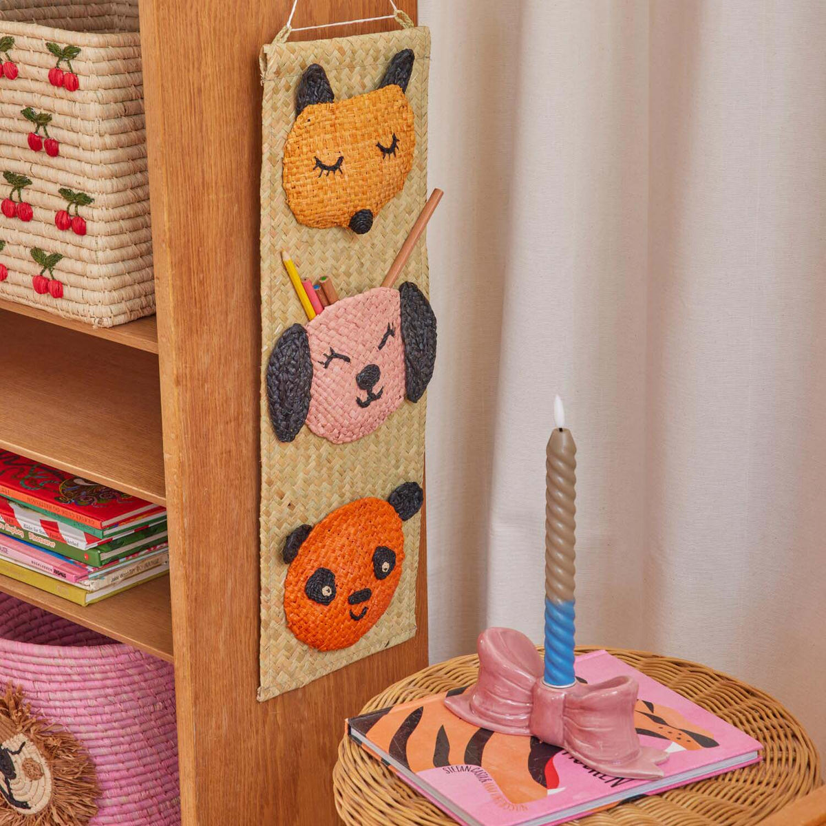 Wandaufhänger "Raffia - Animal Face Pockets" - 20x60 cm (Natur)