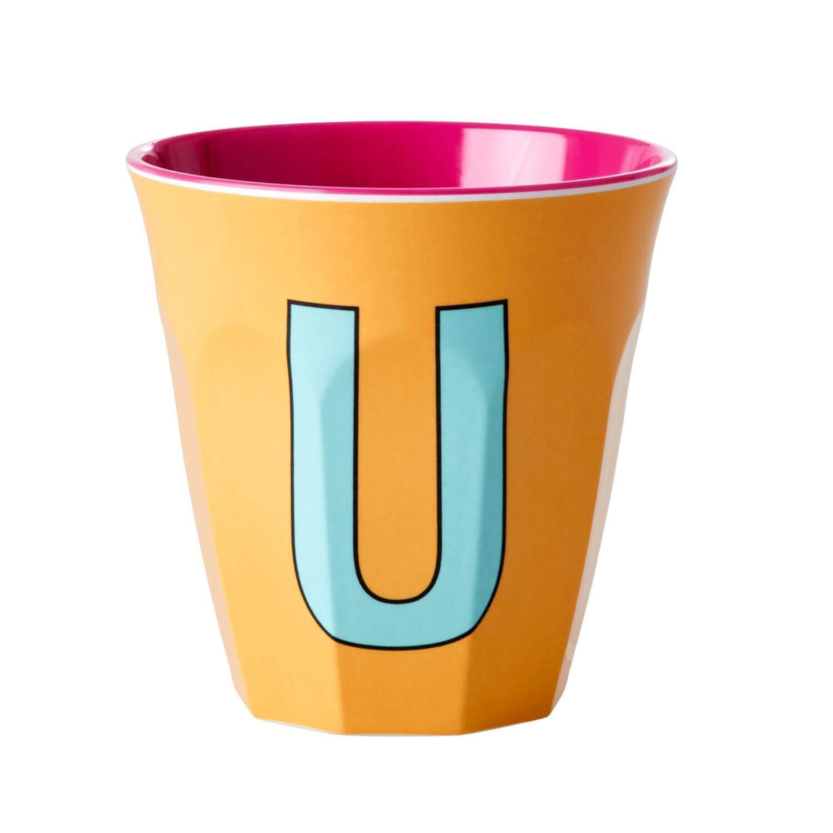 Melaminbecher mit Buchstabe U in Apricot, pinkes Innenfutter