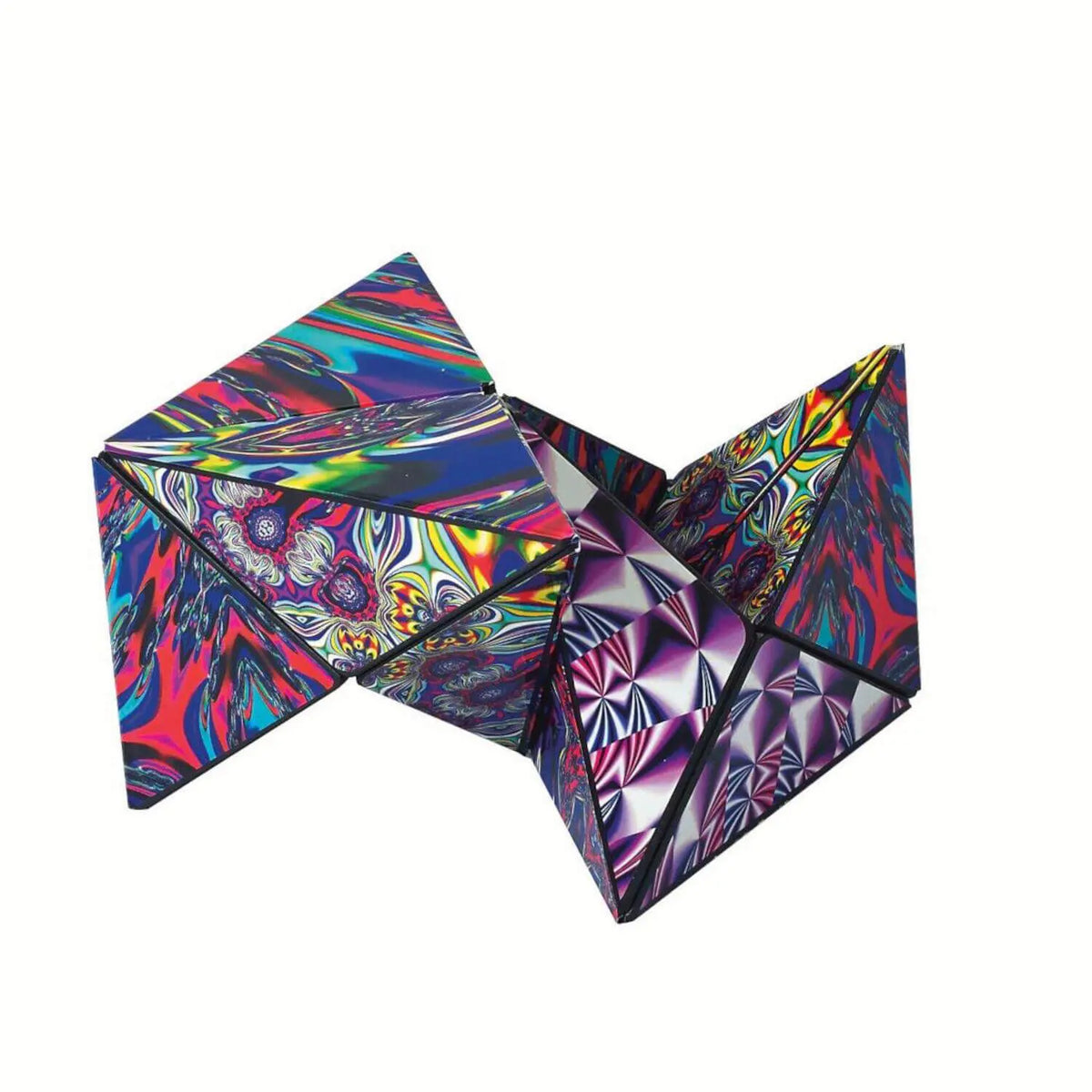 Magnetwürfel in Zwei-Arm-Form, mit Prismenoptik und buntem Chaos-Muster