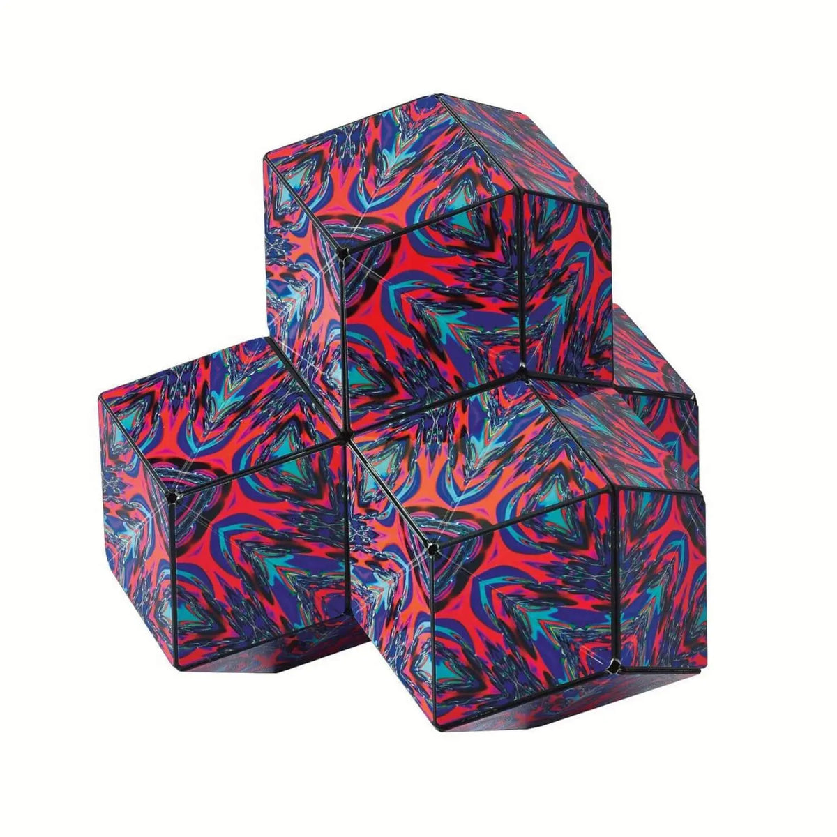 Magnetwürfel, dreiteilig geöffnet, grafisches Muster in Rot, Blau und Türkis