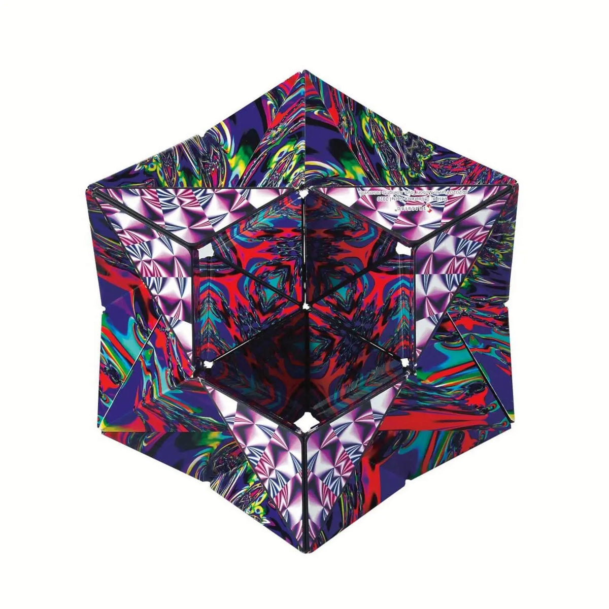 Magnetwürfel in Rautenform, symmetrische Musterflächen, Neonfarben in Blau, Rot, Lila