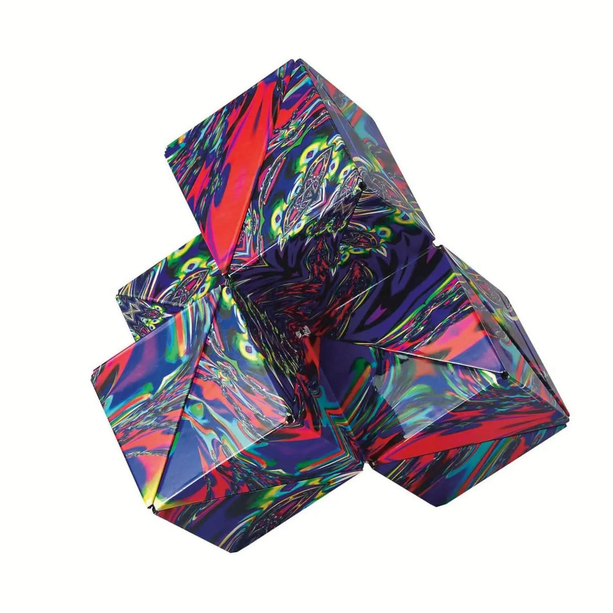 Magnetwürfel in Sternform, kontrastreiche Farben Rot/Blau/Türkis, Facettenmuster
