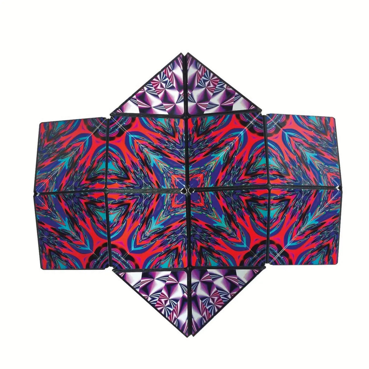 Magnetwürfel in Kreuzform, rot-blaue Chaosgrafik mit lila, reliefartigen Dreiecken