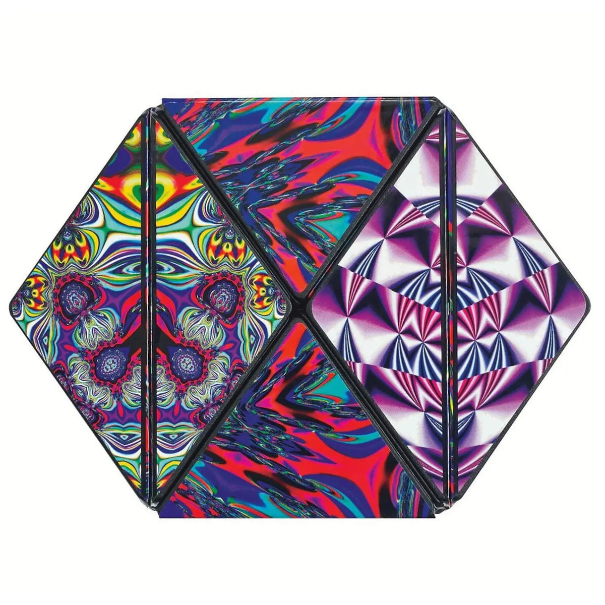 Magnetwürfel mit geöffneten Segmenten, silbrig-lila Struktur und buntes Chaos-Design