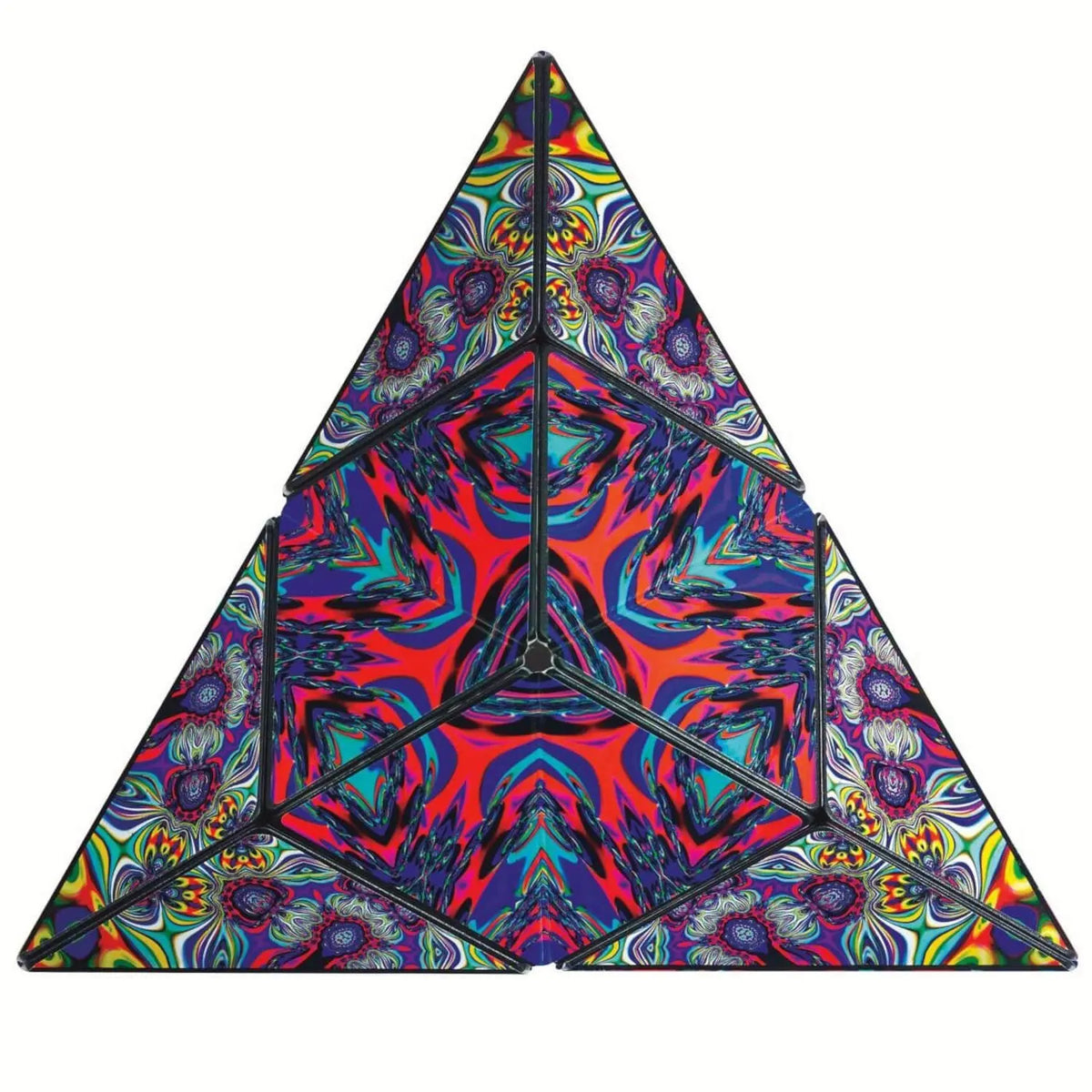 Magnetwürfel mit dreieckigen Flächen, knallige Wirbelgrafik im Chaos-Design, schwarz