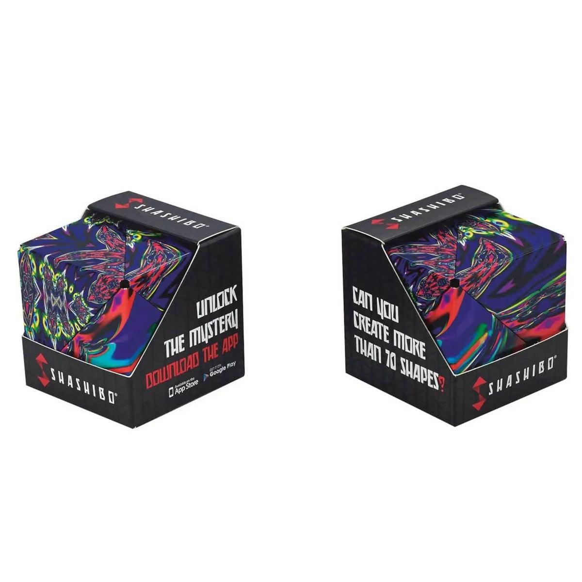 Magnetwürfel-Verpackung der Shashibo Künstler-Serie „Chaos“, Frontansicht mit mehrfarbiger Artwork