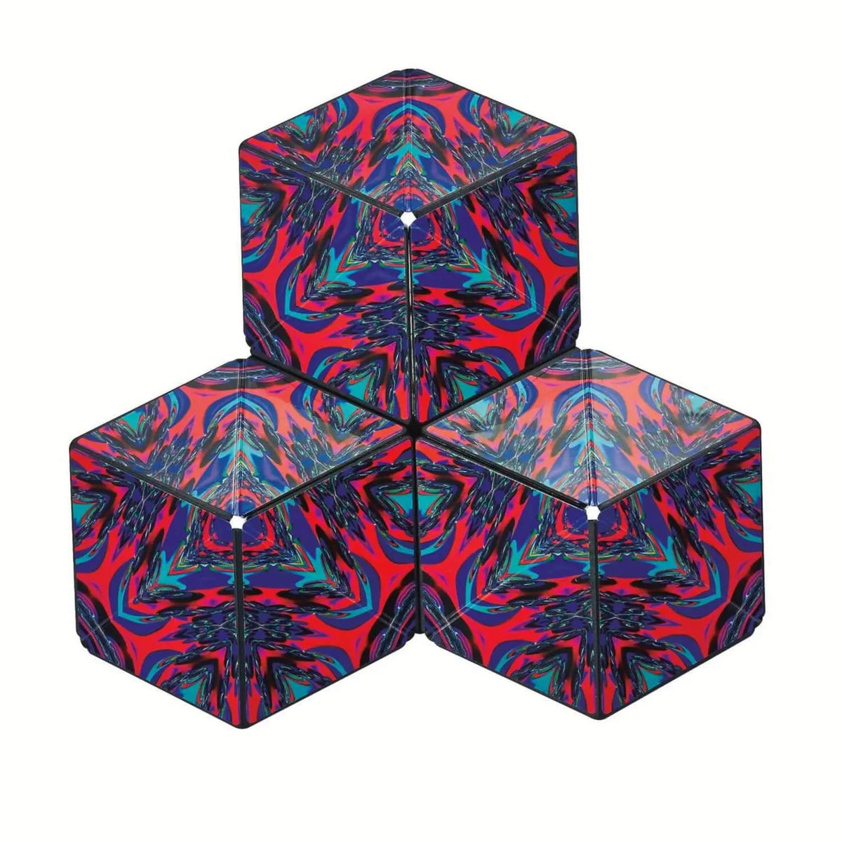 Magnetwürfel als Drehstern, drei gefaltete Flächen mit rotes-blauem Chaosmuster