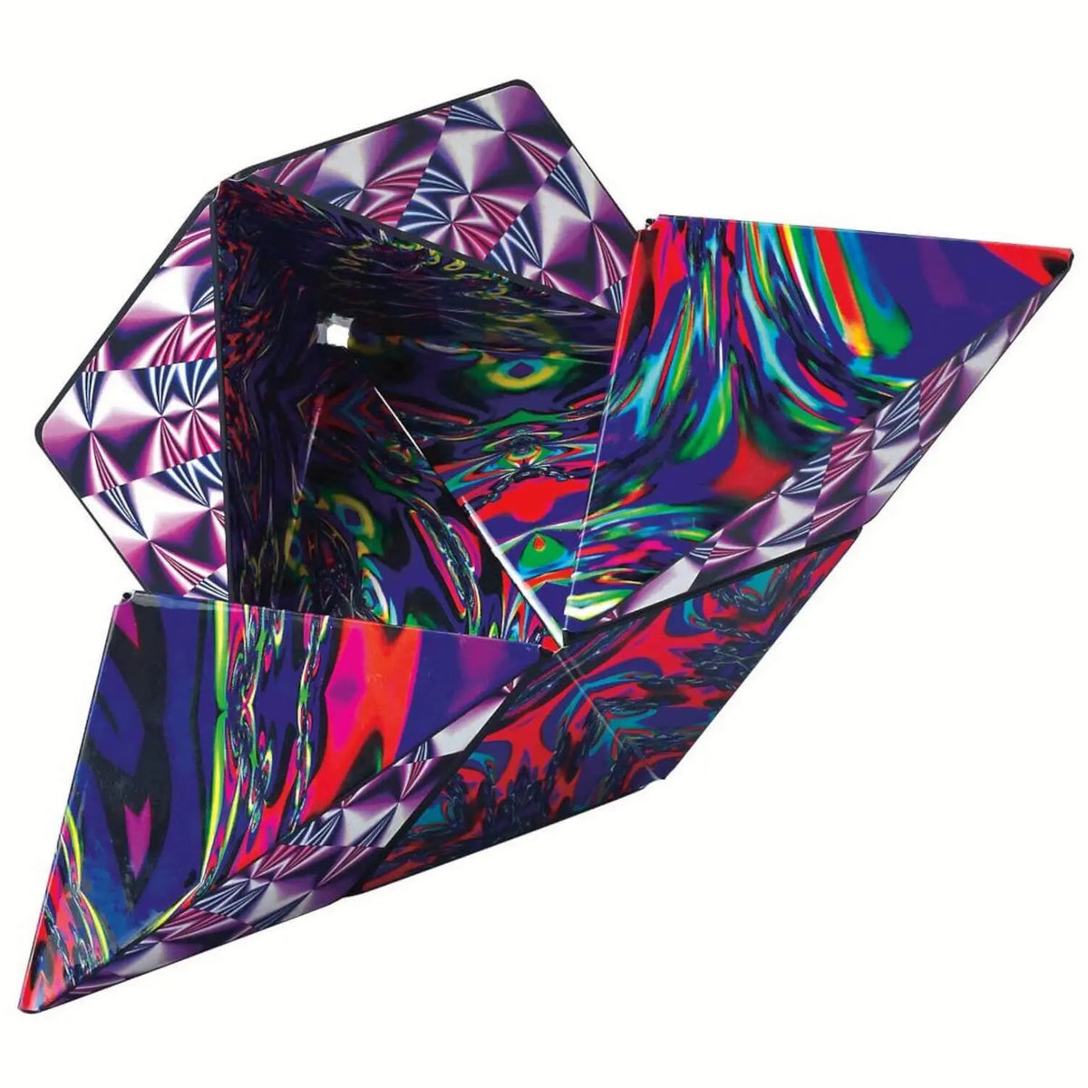 Magnetwürfel „Chaos“ offen mit silbrigen, diamantartigen Flächen und buntem Muster in Blau und Rot