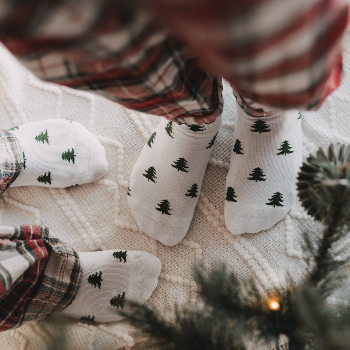 Kindersocken in Weiß mit grünem Tannen-Allovermuster, Nahansicht