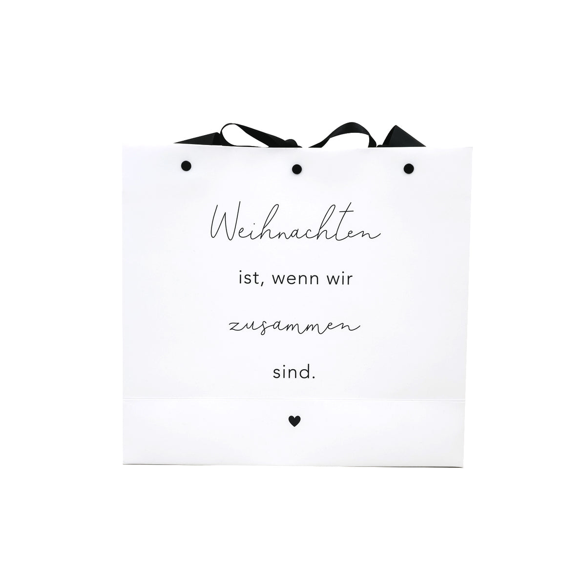 Weiße Geschenktüte mit schwarzem Band, Aufdruck „Weihnachten ist, wenn wir zusammen sind“