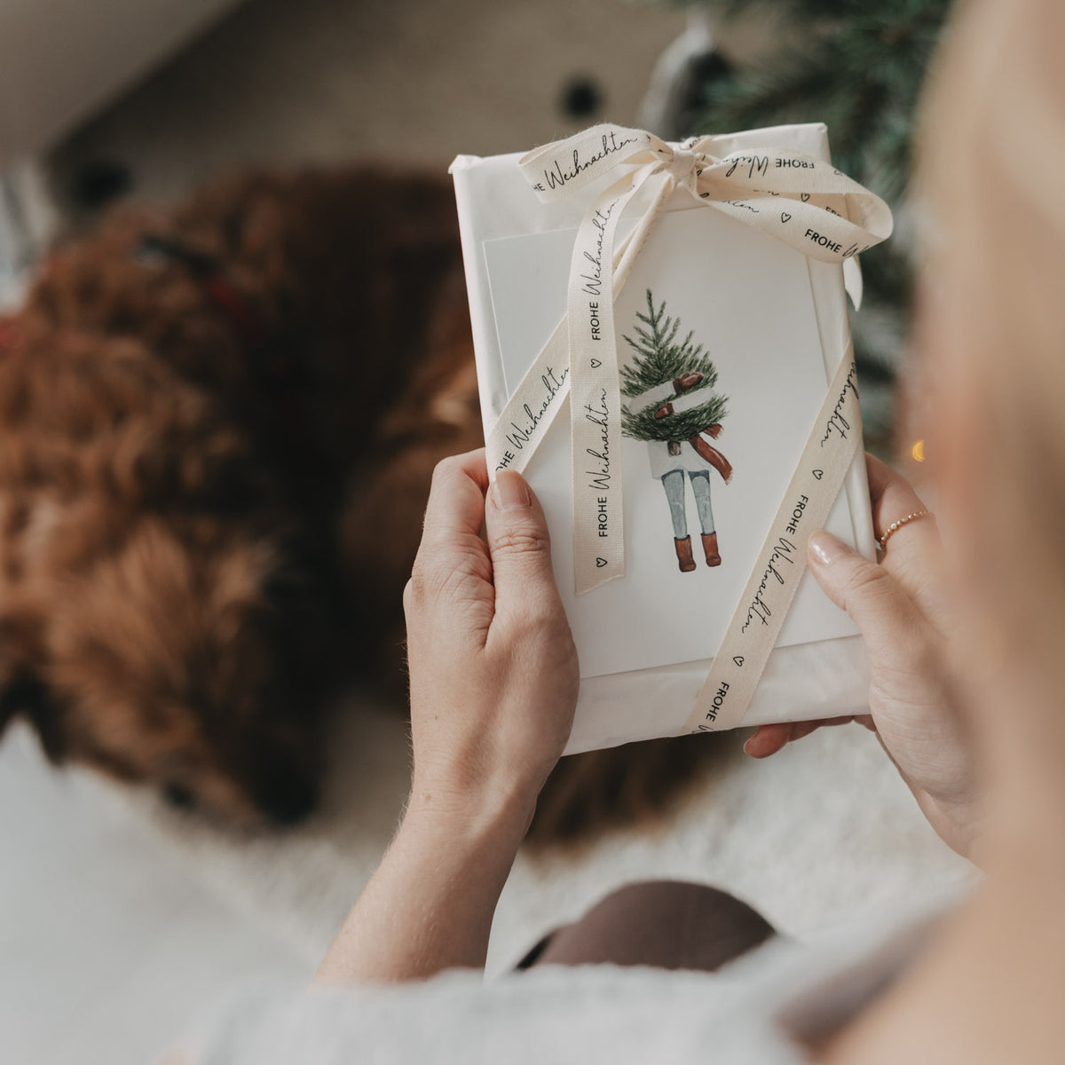 Geschenkband „FROHE WEIHNACHTEN“ um zwei weiße Geschenkverpackungen gebunden